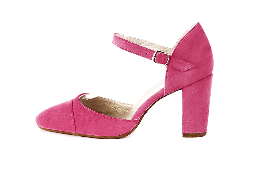 Fuchsia pink elegant closed-back heels, with an instep strap. Round toe. High block heels. - Florence KOOIJMAN
